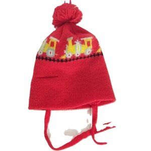 Vintage Choo Choo Train Knit Hat Pom Pom Red Model Toy